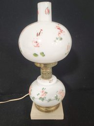 Vintage Painted Milk Glass Floral Gone With The Wind Victorian Hurricane Lamp - Working Condition