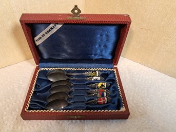 Six Made Ion Germany Demitasse Spoons With Coat Of Arms Decorations In Wood Case