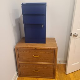 Blue Bisley Metal File Cabinet With Lock And Small Wood File Cabinet With Two Drawers.