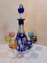 Czech Bohemian Cobalt Blue Cut To Clear With Colored Cordials Decanter Set