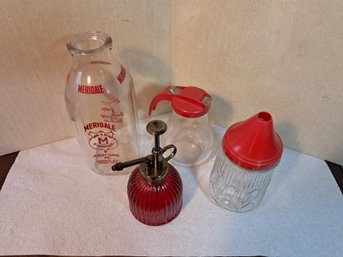 Vintage Kitchen Lot Of 4pcs. With Syrup Pitcher And Milk Bottle