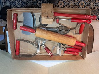 Vintage Red Kitchen Gadgets Lot Of  11pcs . With Rolling Pin Etc