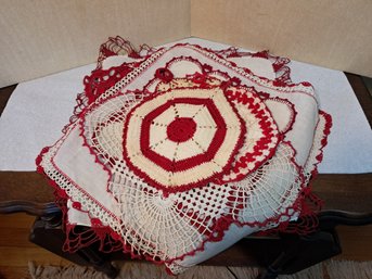 Vintage  Red & White Crochet And Hot Plates Kitchen Linen Lot 9pcs.