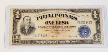 1944  World War II ' Victory' 1 Peso US Banknote Philippines   RARE Treasury Certificate
