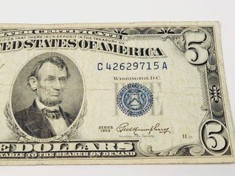 1953  Blue Seal  $5 Silver Certificate Dollar Bill/ Bank Note