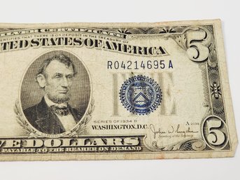 1934 $5 Blue Seal Silver Certificate  Bill / Note (90 Years Old)