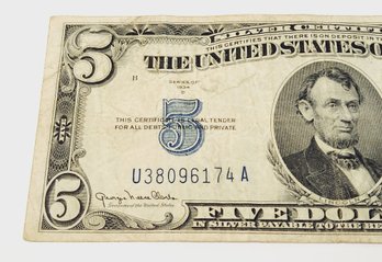 1934 $5 Blue Seal Silver Certificate  Bill / Note (90 Years Old)