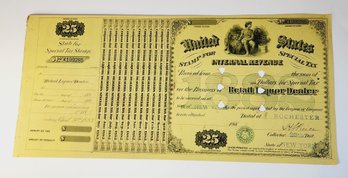 ANTIQUE  US 1883 $25 Internal Revenue Special Tax Liquor Dealer Stamp Sheet RARE Over 150 Years Old