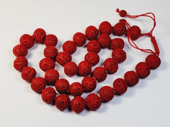 Vintage Chinese Hand Carved Cinnabar  Longevity Beaded Necklace