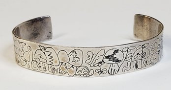 Vintage Sterling Silver Mushrooms Design Cuff Bracelet