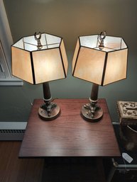Nice Pair Of Slag Glass Shade Table Lamps - Nice Panels With No Damage - Working