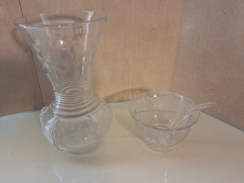 Etched Vase With Condiment Dish With Spoon