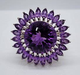 African Amethyst Sunflower Ring (120 Facets) In Platinum Over Sterling