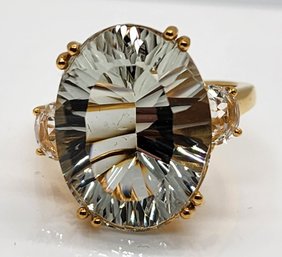 Concave Cut Prasiolite, White Topaz Ring In Yellow Gold Over Sterling