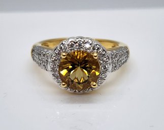 Premium Brazilian Heliodor, Moissanite Ring In Yellow Gold Over Sterling