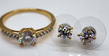 Moissanite Stud Earrings & Ring In Yellow Gold Over Sterling