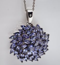 Tanzanite Floral Spray Pendant Necklace In Platinum Over Sterling
