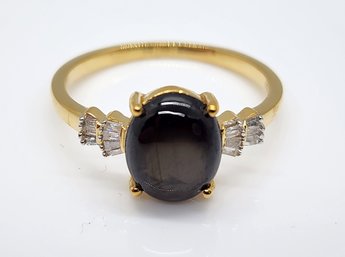 Natural Black Star Sapphire, Diamond Ring In Yellow Gold Over Sterling