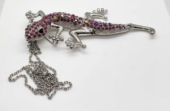 Multi-Color Austrian Crystal Lizard Brooch Or Pendant Necklace In Stainless & Silvertone