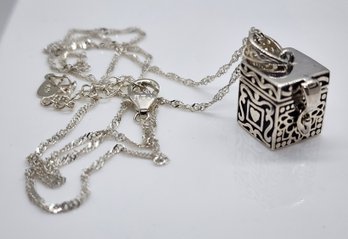 Rhodium Over Sterling Prayer Box Pendant Necklace With 3 White Diamond Simulants Inside