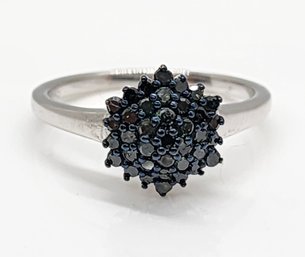 Blue Diamond Floral Ring In Platinum Over Sterling