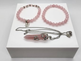 Rose Quartz Pendant & 2 Stretch Bracelets In Silvertone With Stainless Necklace