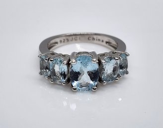 Blue Aquamarine 5 Stone, Rhodium Over Sterling Ring