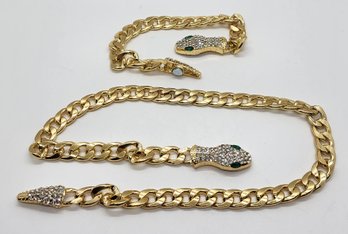 White Austrian Crystal, Green Glass Cable Link Chain With Snake Head & Tail Bracelet & Necklace