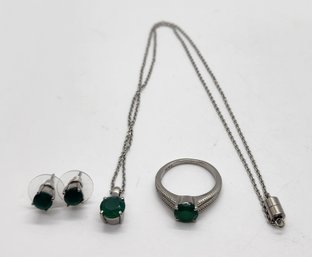 Green Onyx Stud Earrings, Ring & Pendant Necklace In Stainless