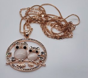 White Cats Eye, Austrian Crystal Owl Pendant Necklace