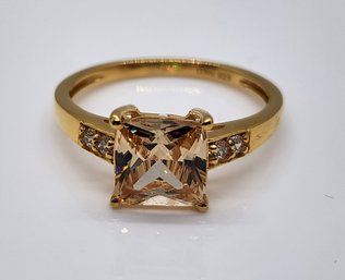 Simulated Champagne & White Diamond Ring In 14k Yellow Gold Over Sterling