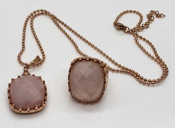 Rose Quartz Ring & Pendant Necklace In Plated Rose Gold Stainless Steel