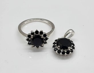 Simulated Black Diamond Floral Ring & Pendant In Sterling