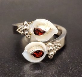 Sajen Silver, Mother Of Pearl Carved Flower, Mozambique Garnet Bypass Ring In Sterling