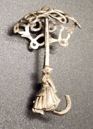Beautiful Victorian Sterling Silver Lady With Umbrella Brooch