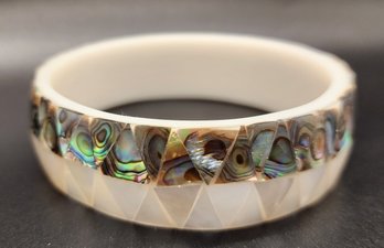Handcrafted Mother Of Pearl, Coral & Abalone Shell Inlay Bangle Bracelet