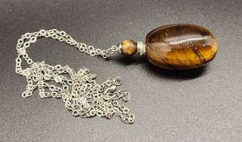 Tigers Eye Perfume Bottle Pendant Necklace In Silvertone