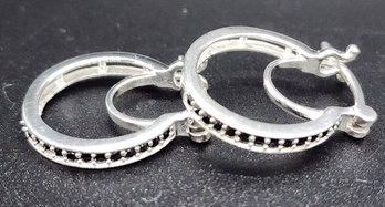 Thai Black Spinel Hoop Earrings In Sterling Silver