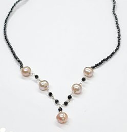 Peach Freshwater Pearl, Thai Black Spinel Necklace In Sterling
