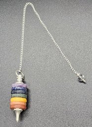 Multi-Gemstone 7 Chakra Button Pendulum Pendant With Chain In Sterling & Silvertone