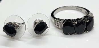 Midnight Sapphire 3 Stone Ring & Stud Earrings In Stainless