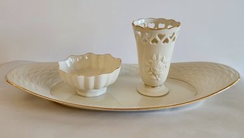 Lenox Basketweave Oval Server, A Small Vase And Bowl (3)