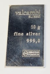Valcambi Suisse 10 Grams  .999 Fine Silver Bar / Ingot