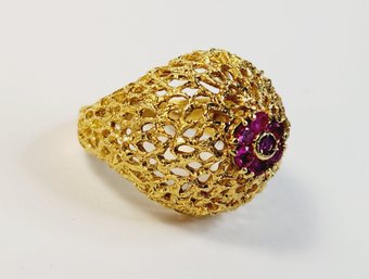 Magnificent 14k Yellow Gold Ruby Ornate Dome Cluster Ring (hand Made)