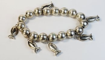 Silver Tone Fish Charm Beaded Ball Bracelet