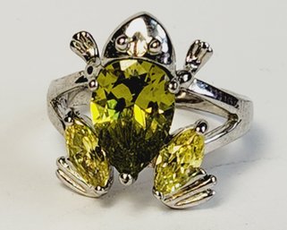Unique  Silver Tone Green Stone Frog Ring