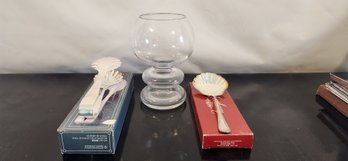 2 Silver Plate Scalloped Serving Utensils And Vase
