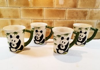 Cute Set Of 4 Pier 1 Imports Panda Ceramic Coffee Mugs Hand Painted With Bamboo Handles