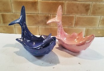 Unique Vintage MCM Hand Painted Pink & Blue Ceramic Fish Decorative Bowls