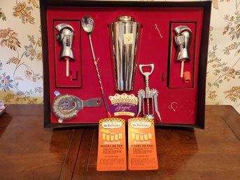 New Old Stock Stainless Steel The Famous Mr. Bartender Regal Knight Themed Bar Set In Box